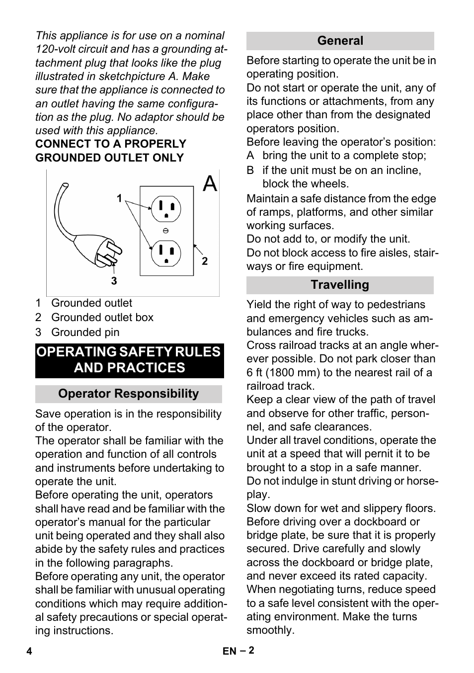 Operating safety rules and practices, Operator responsibility, General | Travelling | Karcher BR 30-4 User Manual | Page 4 / 44