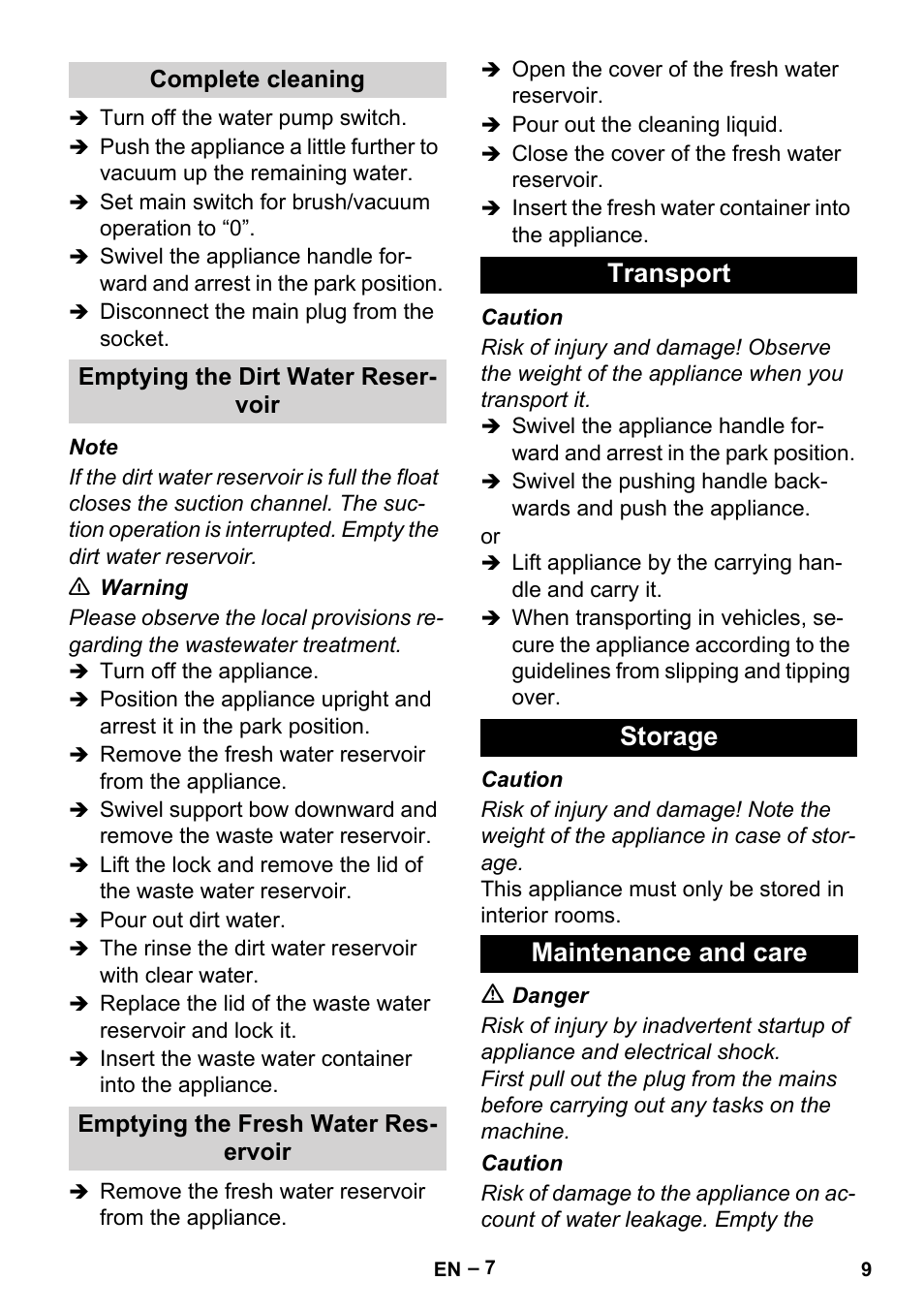 Complete cleaning, Emptying the dirt water reservoir, Emptying the fresh water reservoir | Transport, Storage, Maintenance and care, Transport storage maintenance and care | Karcher BR 30-4 User Manual | Page 9 / 44