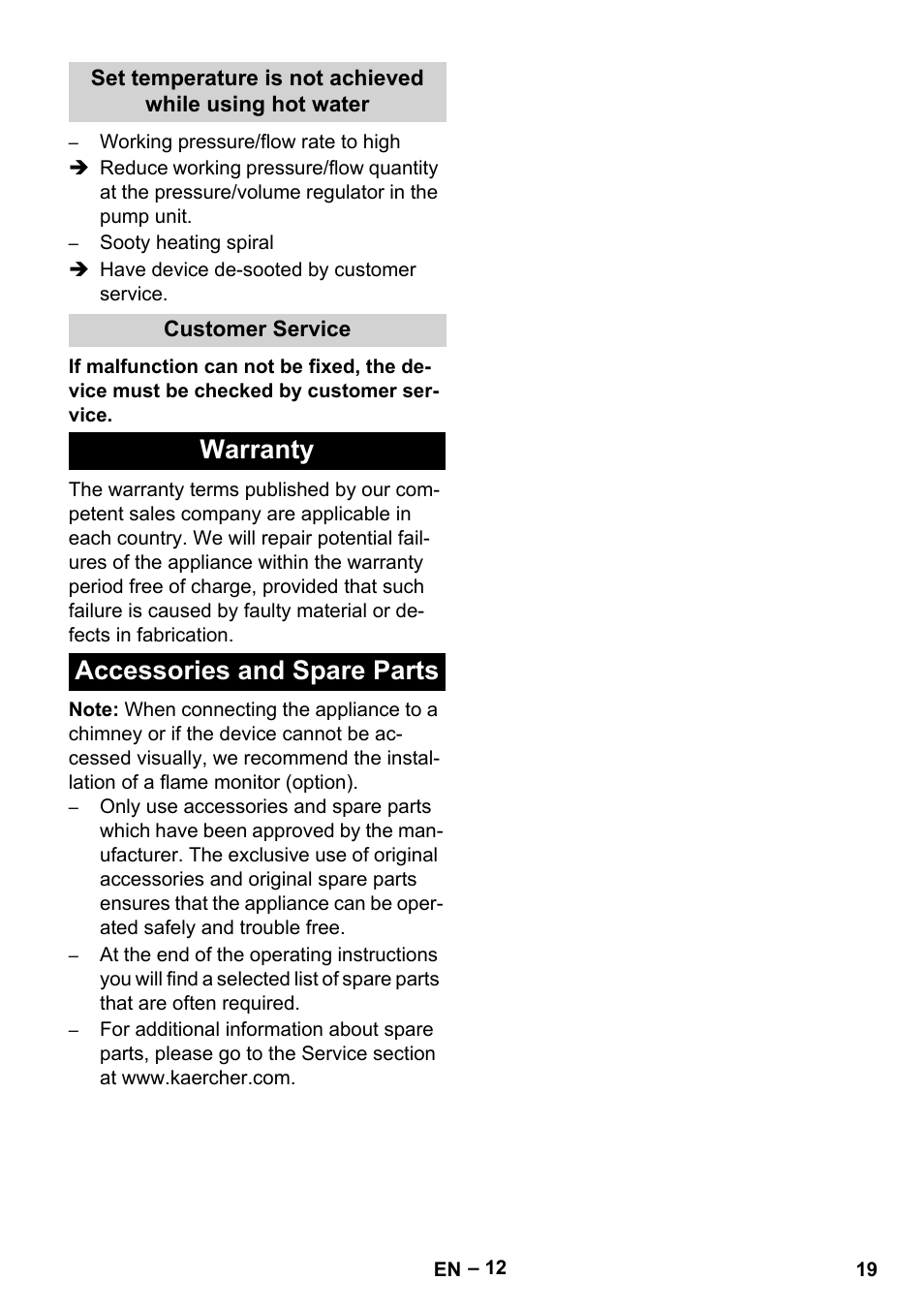 Warranty accessories and spare parts | Karcher HDS 4-5-22 -4M Ea User Manual | Page 19 / 60