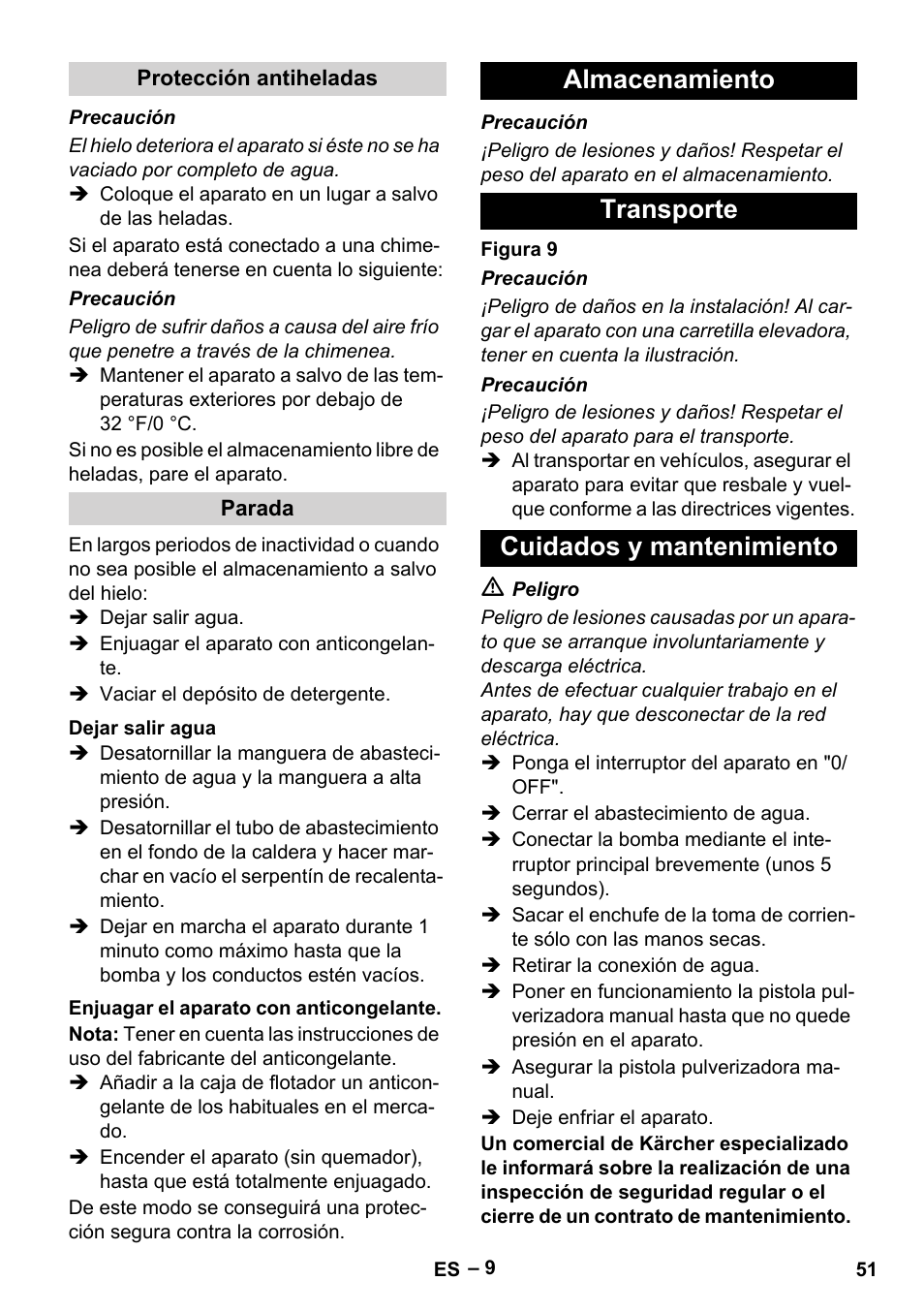 Almacenamiento transporte cuidados y mantenimiento | Karcher HDS 4-5-22 -4M Ea User Manual | Page 51 / 60