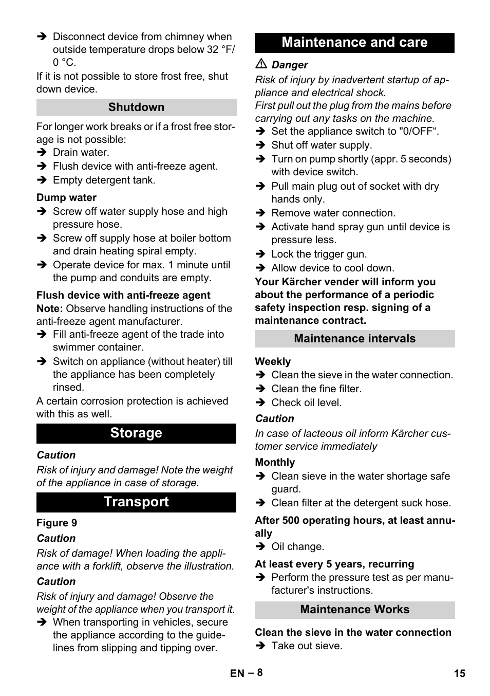 Storage transport maintenance and care | Karcher HDS 3-5-23 -4M Eg User Manual | Page 15 / 60