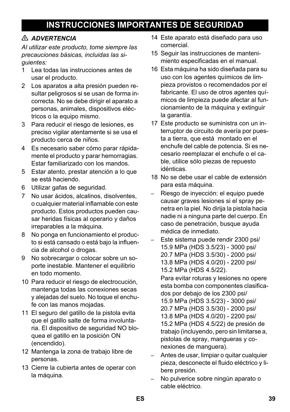 Español, Instrucciones importantes de seguridad | Karcher HDS 3-5-23 -4M Eg User Manual | Page 39 / 60