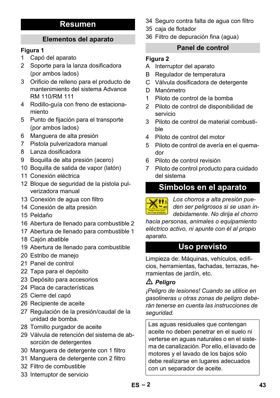 Resumen, Símbolos en el aparato uso previsto | Karcher HDS 3-5-23 -4M Eg User Manual | Page 43 / 60