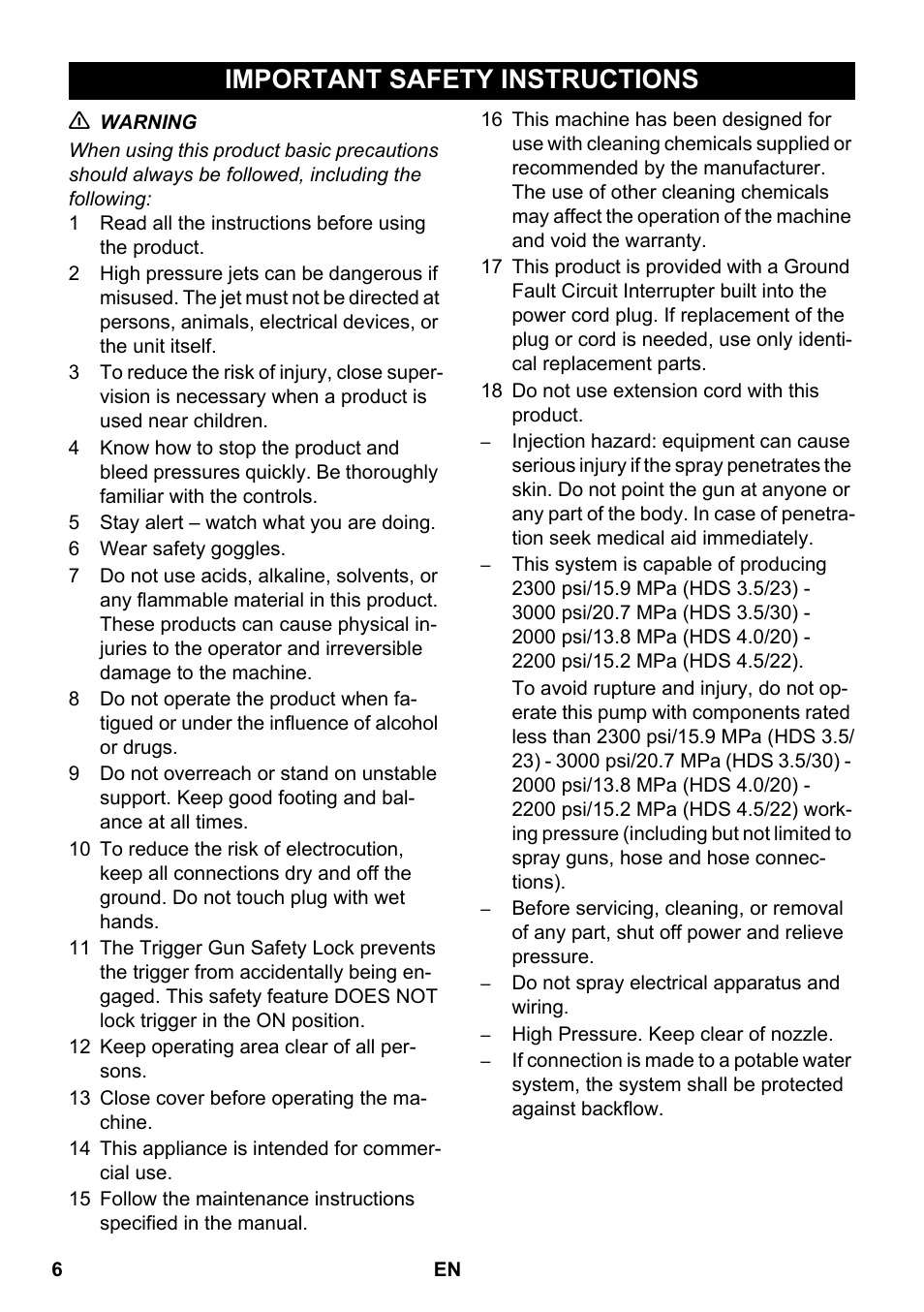 English, Important safety instructions | Karcher HDS 3-5-23 -4M Eg User Manual | Page 6 / 60