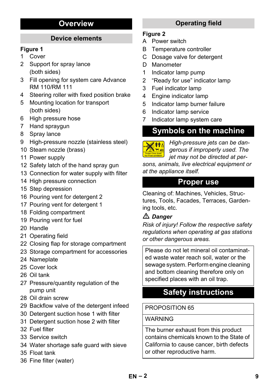 Overview, Symbols on the machine proper use, Safety instructions | Karcher HDS 3-5-23 -4M Eg User Manual | Page 9 / 60
