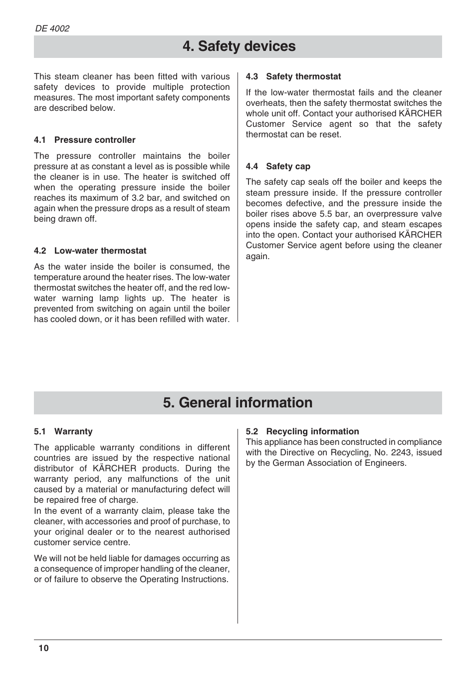 Safety devices, General information | Karcher DE 4002 User Manual | Page 10 / 31