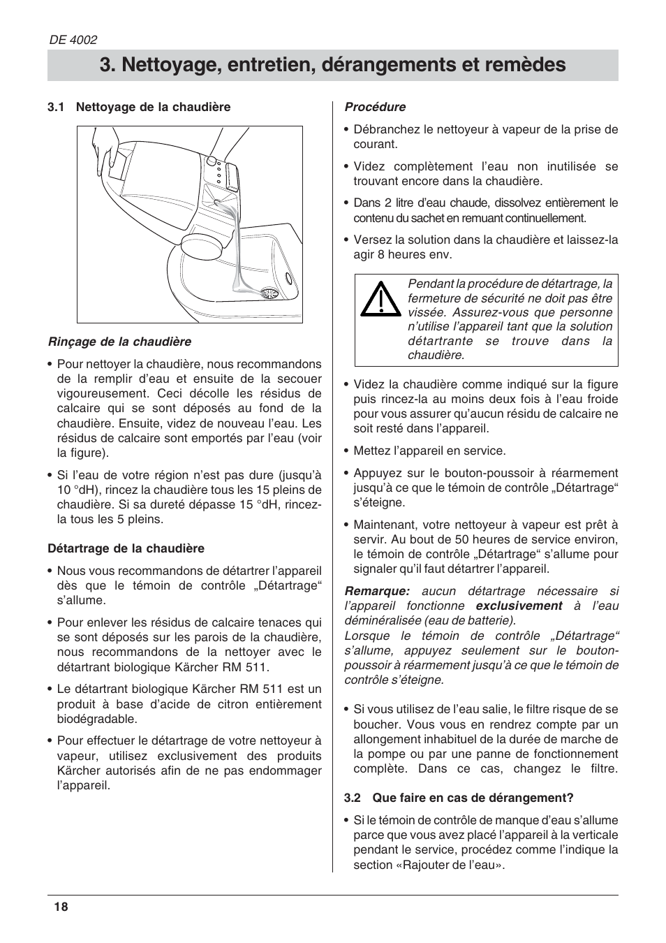 Nettoyage, entretien, dérangements et remèdes | Karcher DE 4002 User Manual | Page 18 / 31