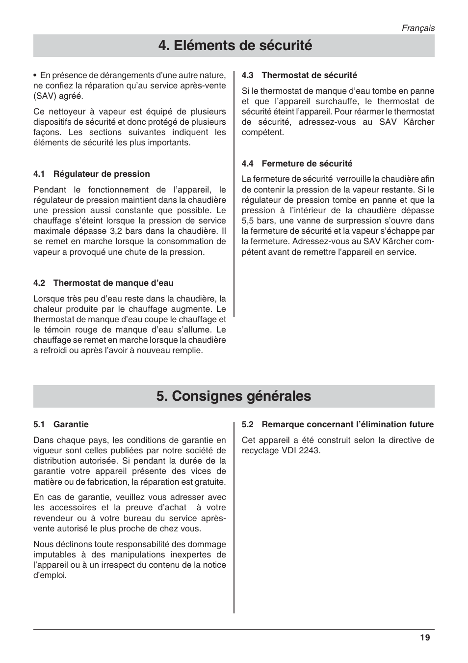 Eléments de sécurité, Consignes générales | Karcher DE 4002 User Manual | Page 19 / 31