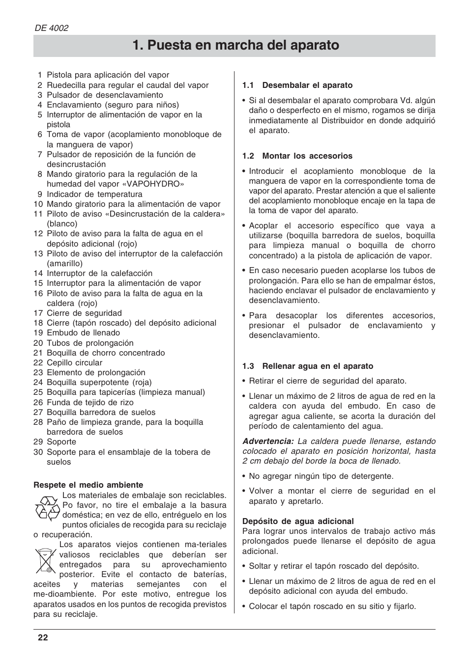 Puesta en marcha del aparato | Karcher DE 4002 User Manual | Page 22 / 31