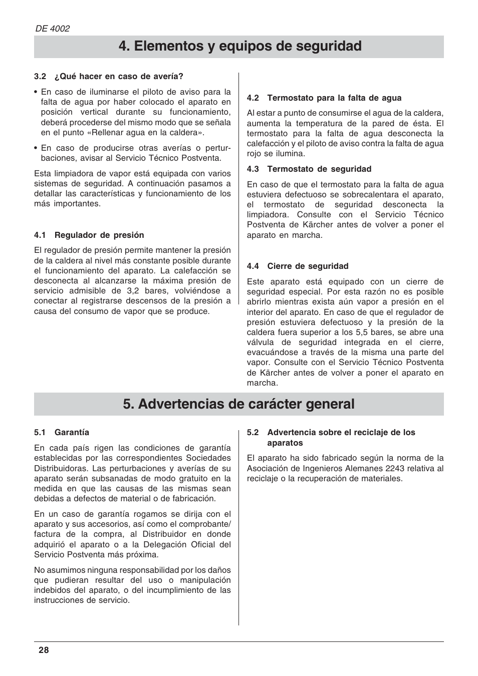 Elementos y equipos de seguridad, Advertencias de carácter general | Karcher DE 4002 User Manual | Page 28 / 31