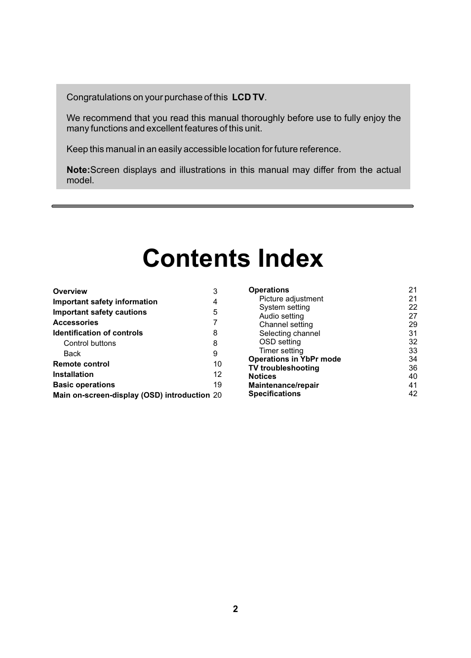 Contents index | Audiovox FPE2005 User Manual | Page 2 / 44