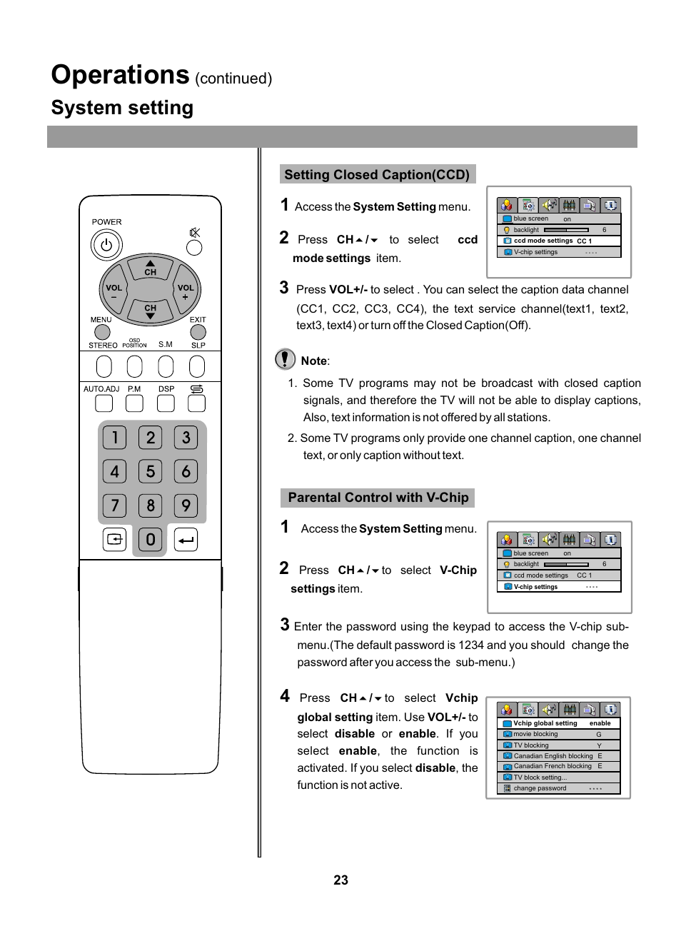 Operations, System setting, Continued) | Audiovox FPE2005 User Manual | Page 23 / 44