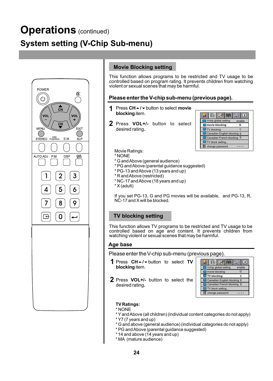 Operations, System setting (v-chip sub-menu), Continued) | Please enter the v-chip sub-menu (previous page) | Audiovox FPE2005 User Manual | Page 24 / 44