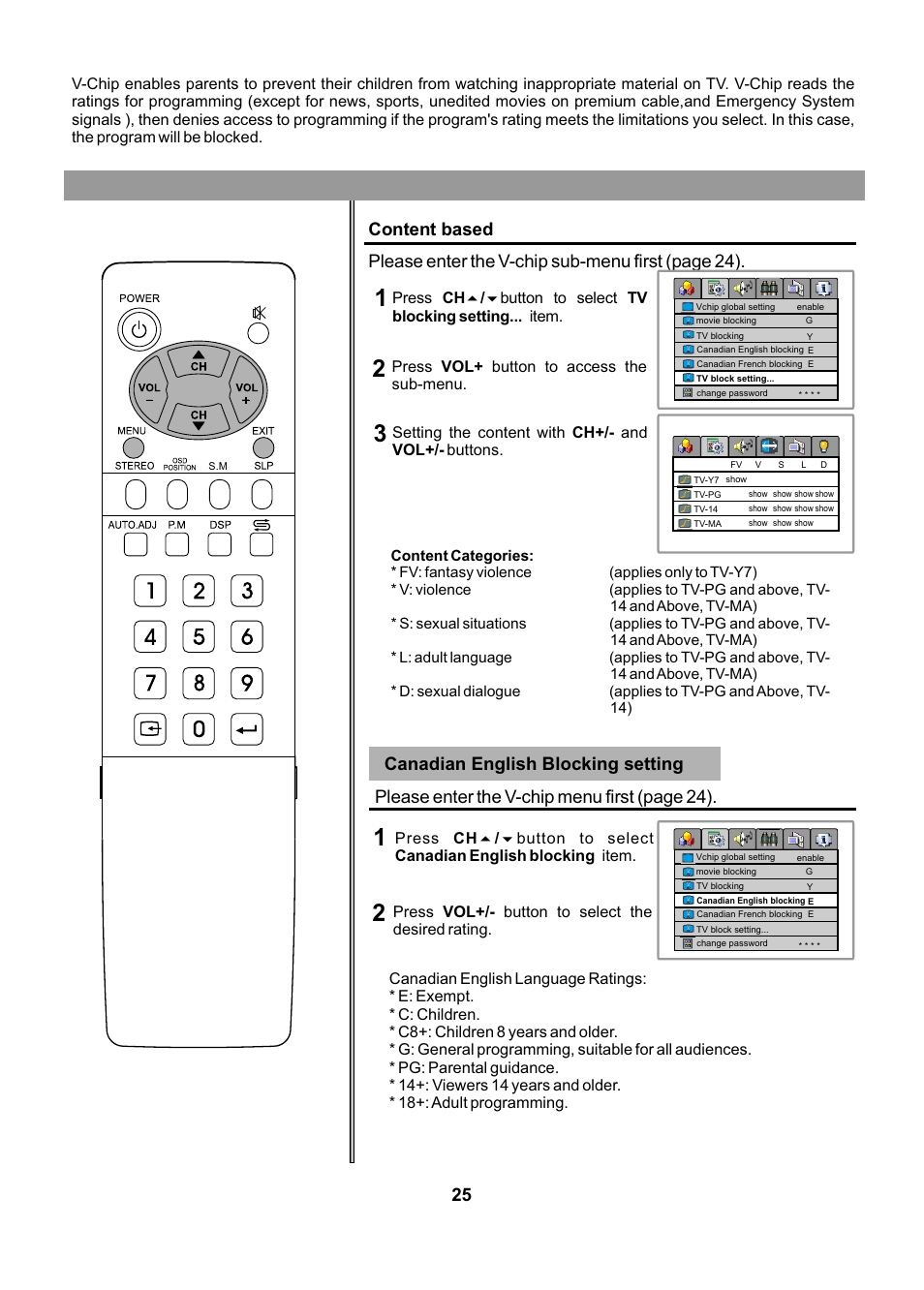 Canadian english blocking setting, Please enter the v-chip menu first (page 24), Press vol+/- button to select the desired rating | Audiovox FPE2005 User Manual | Page 25 / 44
