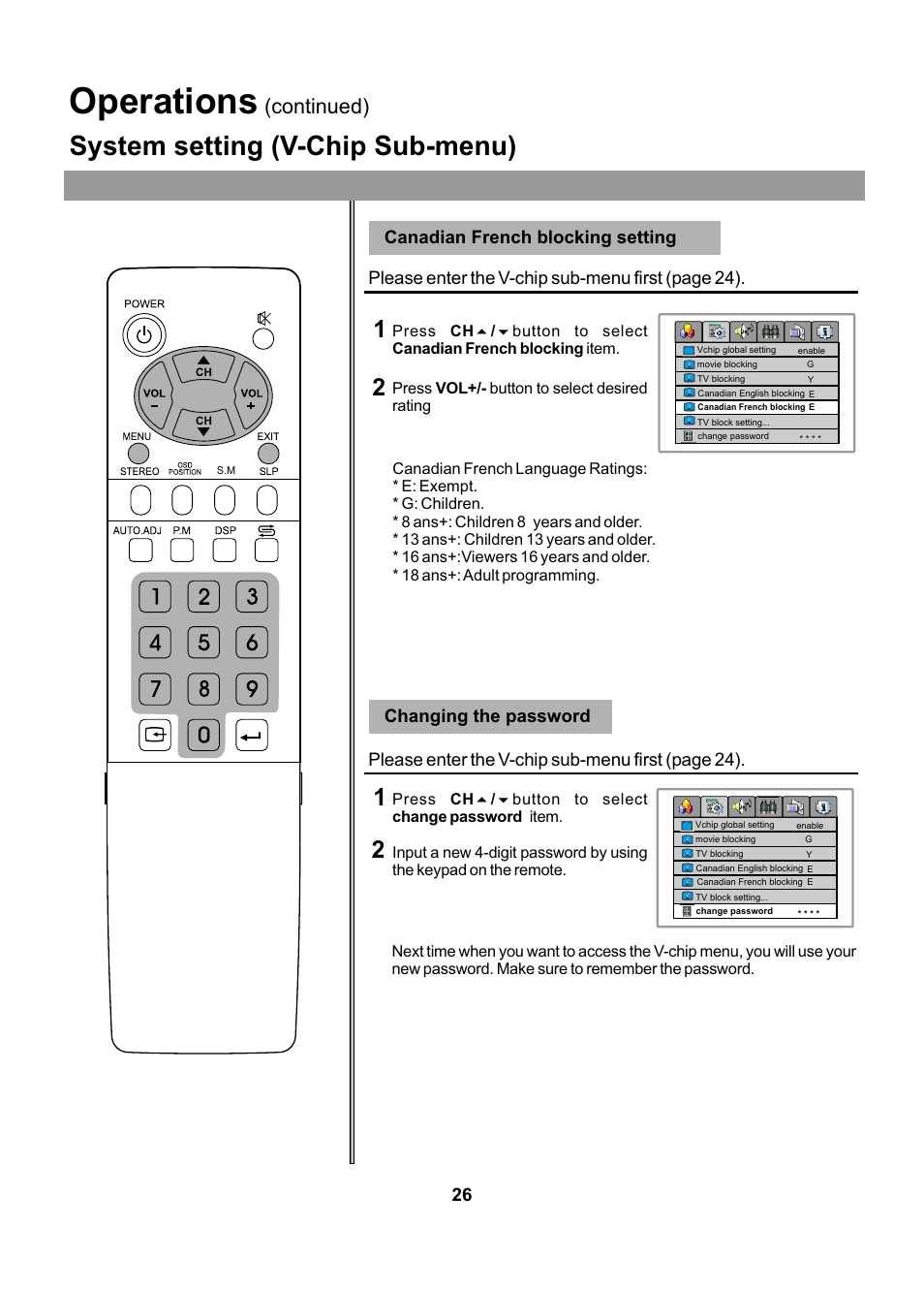 Operations, System setting (v-chip sub-menu), Continued) | Please enter the v-chip sub-menu first (page 24) | Audiovox FPE2005 User Manual | Page 26 / 44