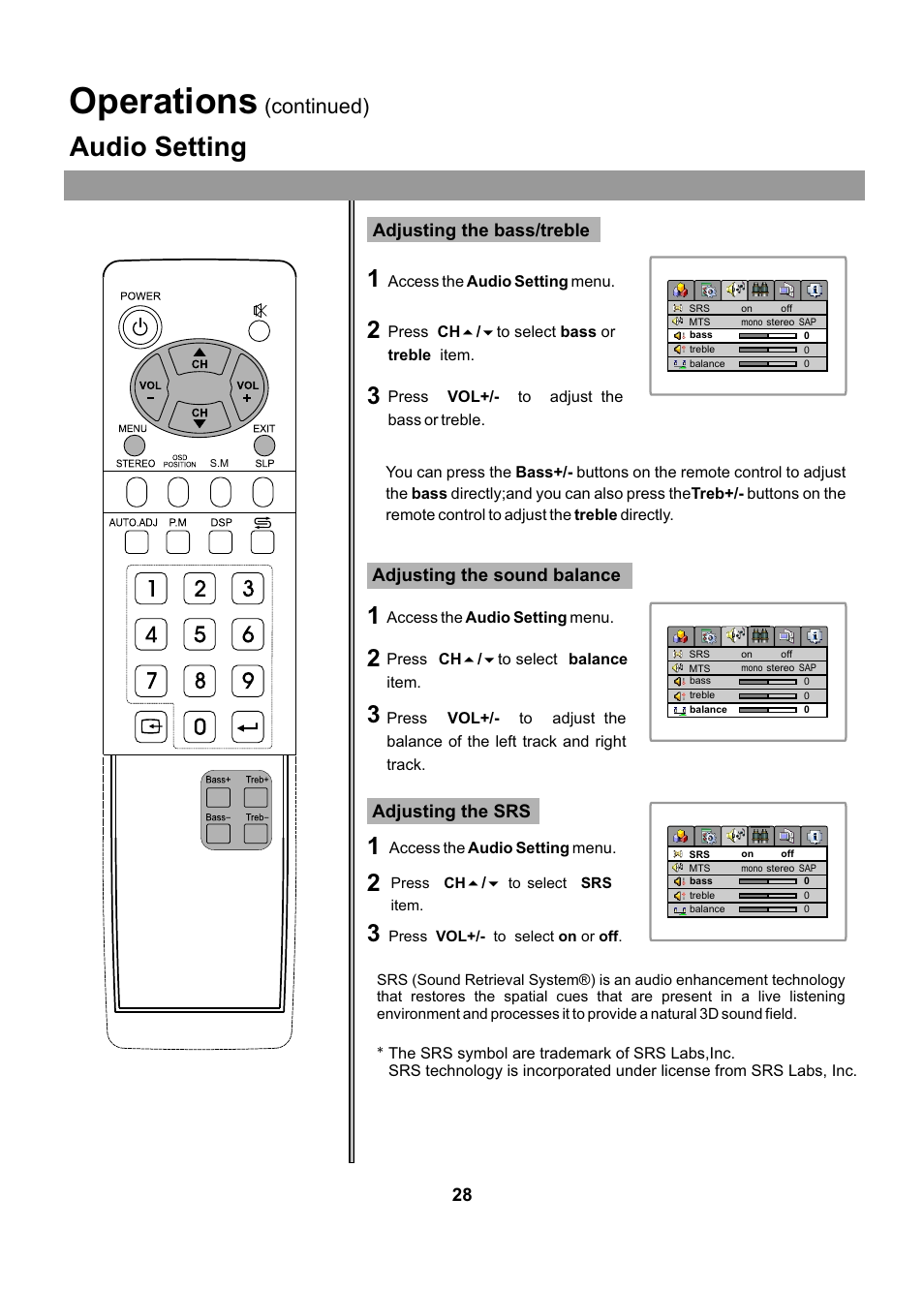 Operations, Audio setting, Continued) | Audiovox FPE2005 User Manual | Page 28 / 44