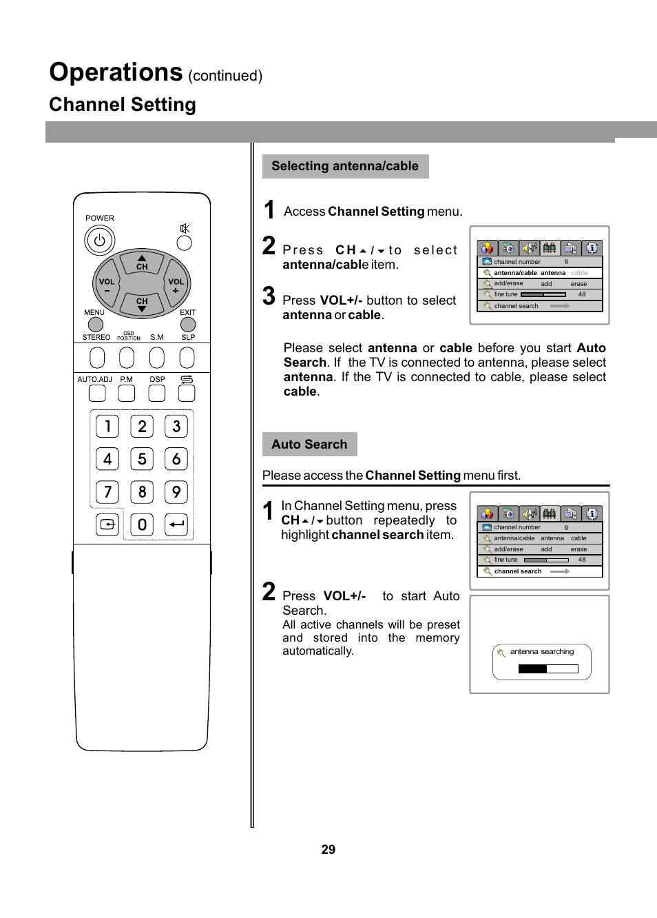 Operations, Channel setting, Continued) | Audiovox FPE2005 User Manual | Page 29 / 44