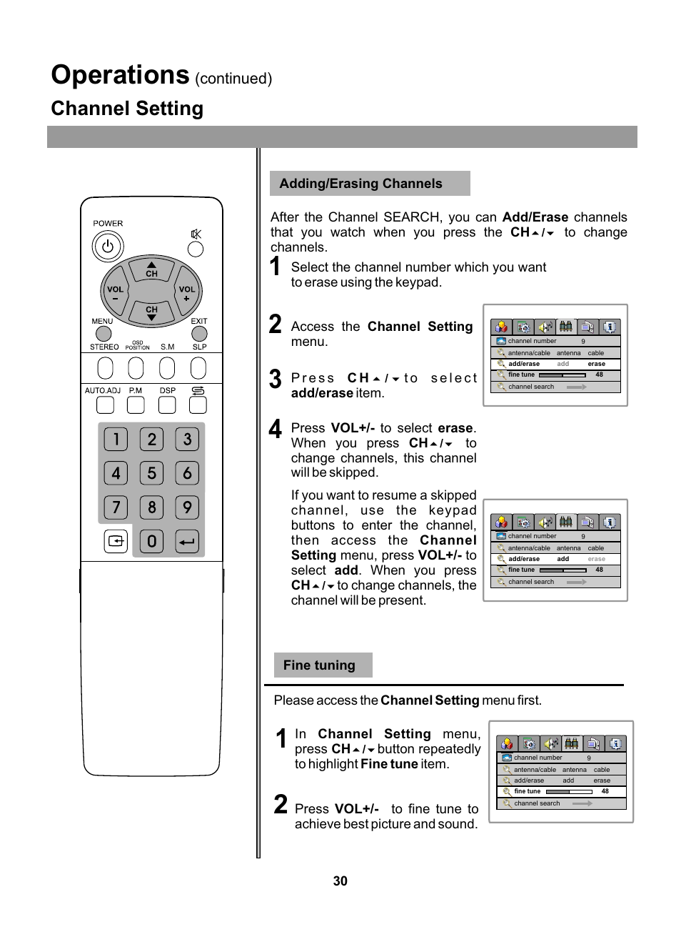 Operations, Channel setting, Continued) | Audiovox FPE2005 User Manual | Page 30 / 44