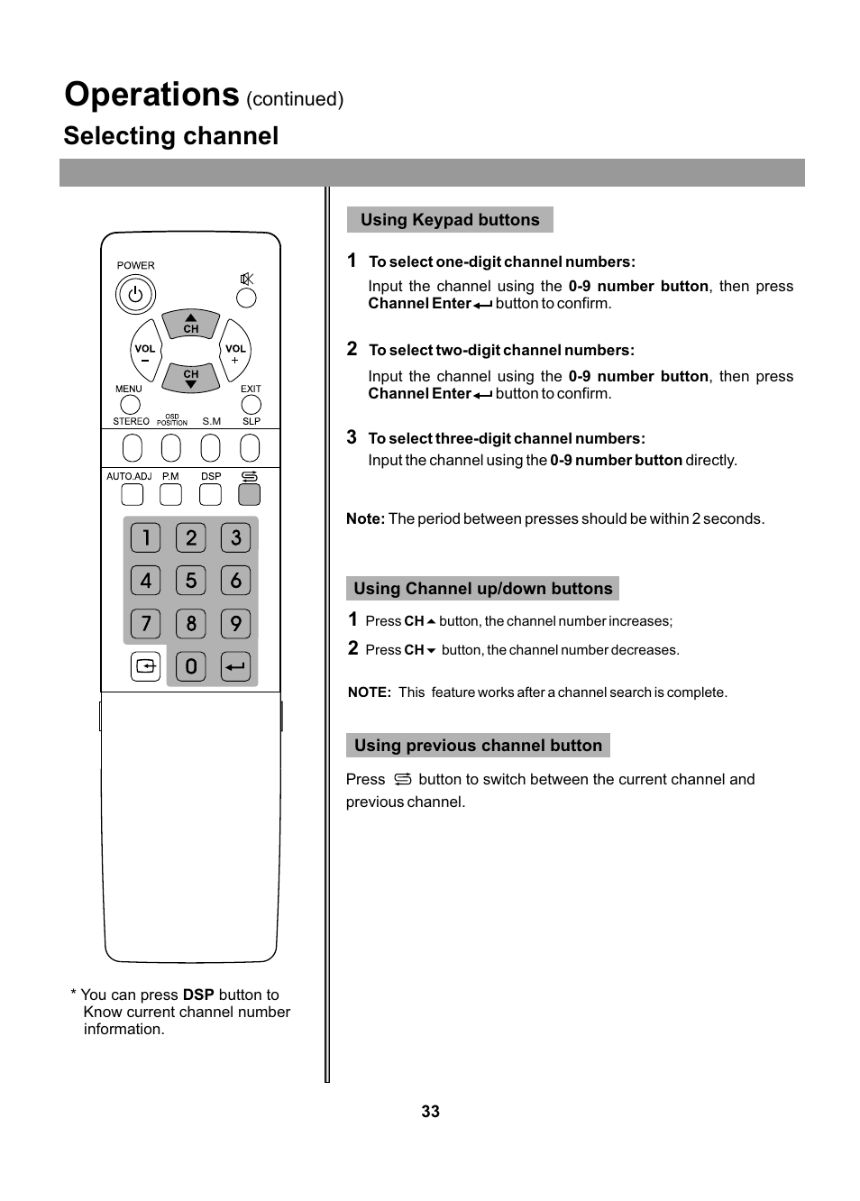 Operations, Selecting channel | Audiovox FPE2005 User Manual | Page 31 / 44