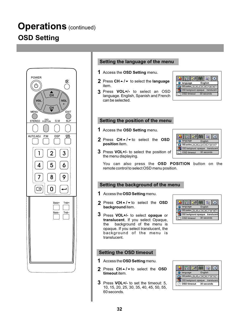 Operations, Osd setting, Continued) | Audiovox FPE2005 User Manual | Page 32 / 44
