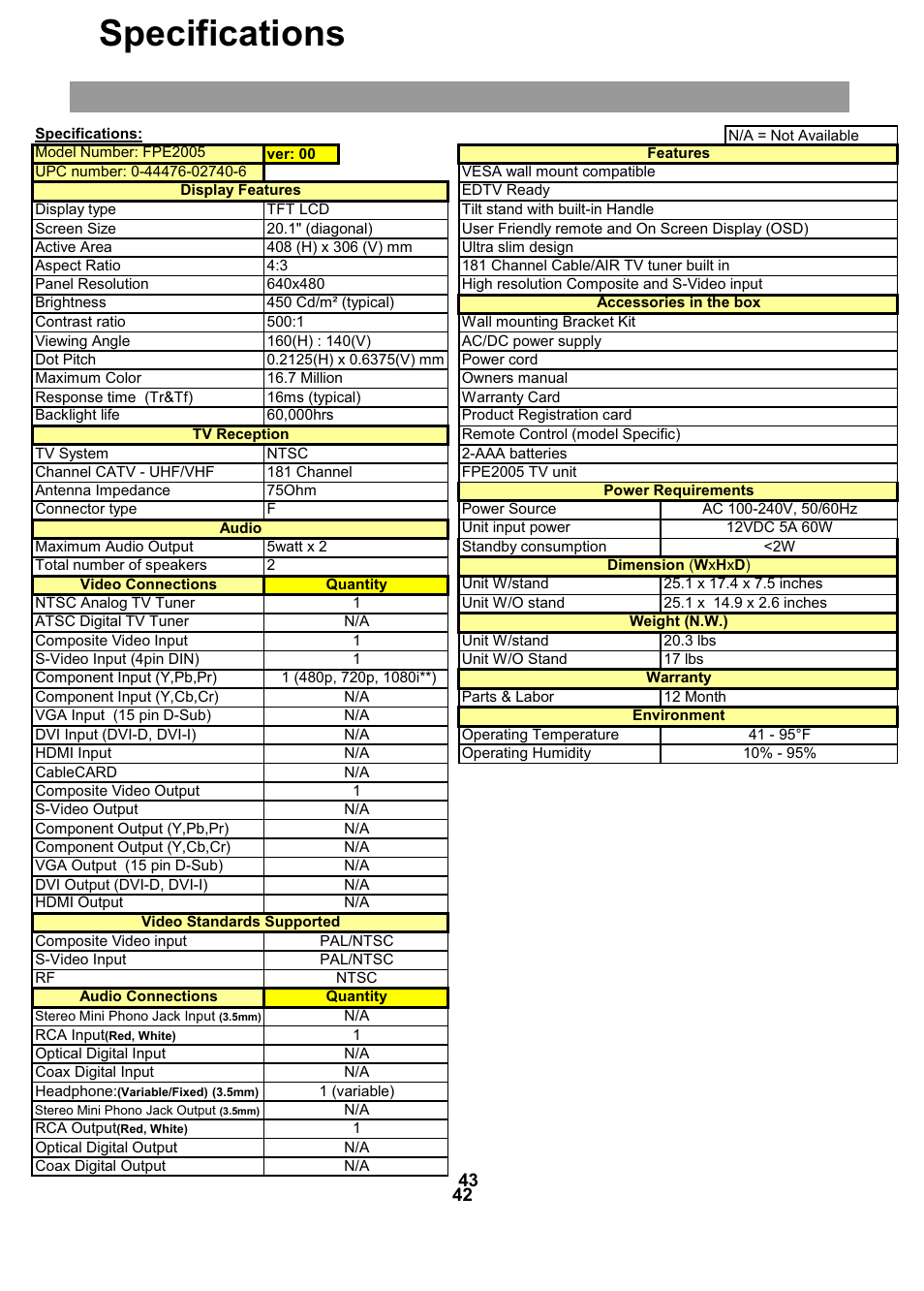 Specifications | Audiovox FPE2005 User Manual | Page 42 / 44