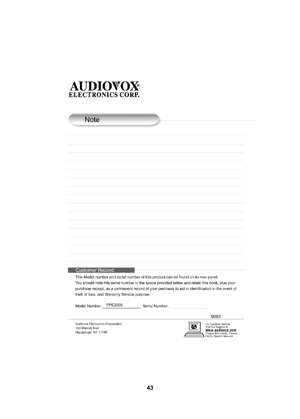 Audiovox FPE2005 User Manual | Page 43 / 44