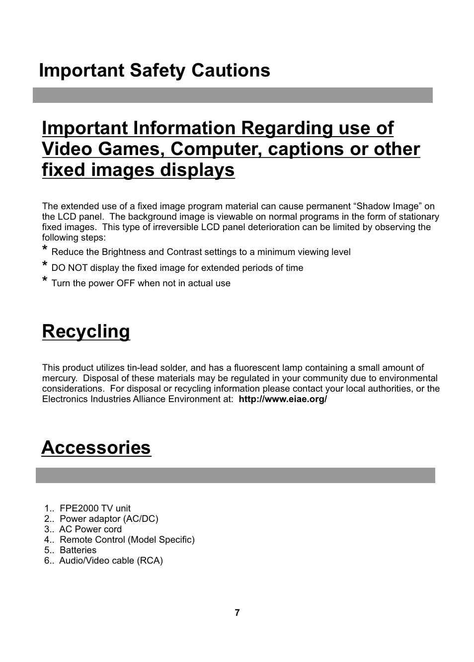 Recycling, Accessories | Audiovox FPE2005 User Manual | Page 7 / 44