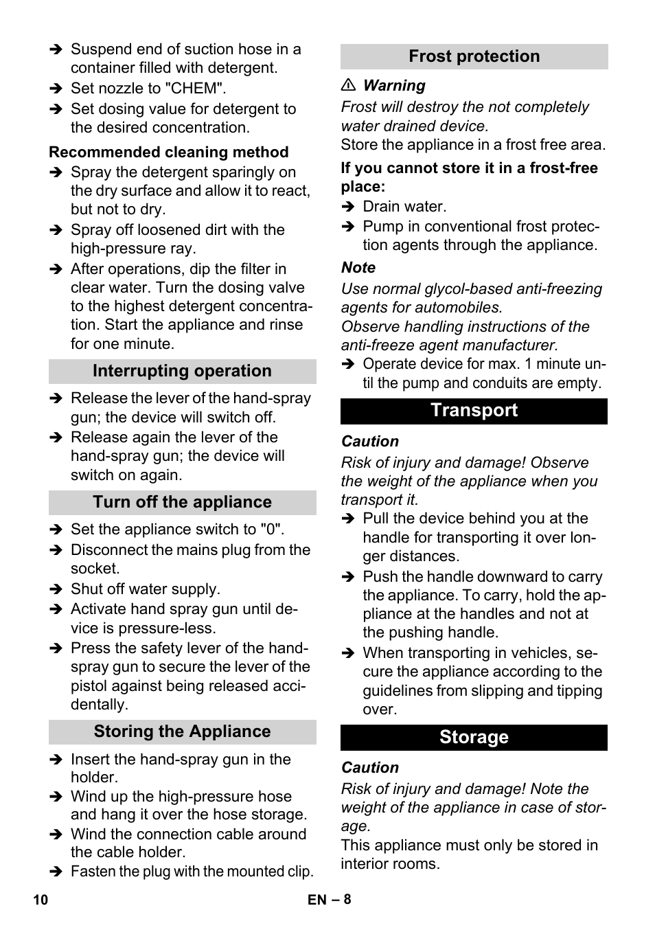 Transport storage | Karcher HD 3-0-20 C Ea User Manual | Page 10 / 44