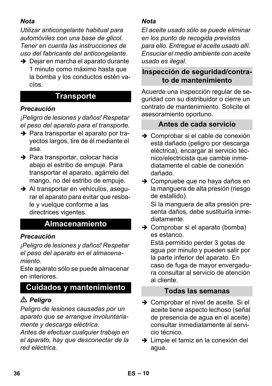 Transporte almacenamiento cuidados y mantenimiento | Karcher HD 3-0-20 C Ea User Manual | Page 36 / 44