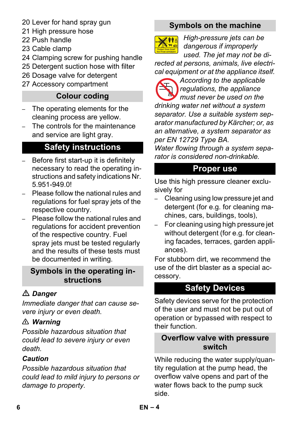 Safety instructions, Proper use safety devices | Karcher HD 3-0-20 C Ea User Manual | Page 6 / 44