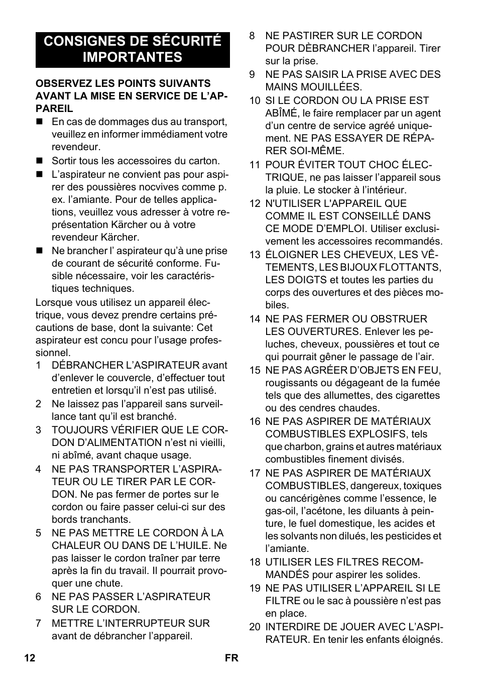 Français, Consignes de sécurité importantes | Karcher NT 35-1 Eco User Manual | Page 12 / 32