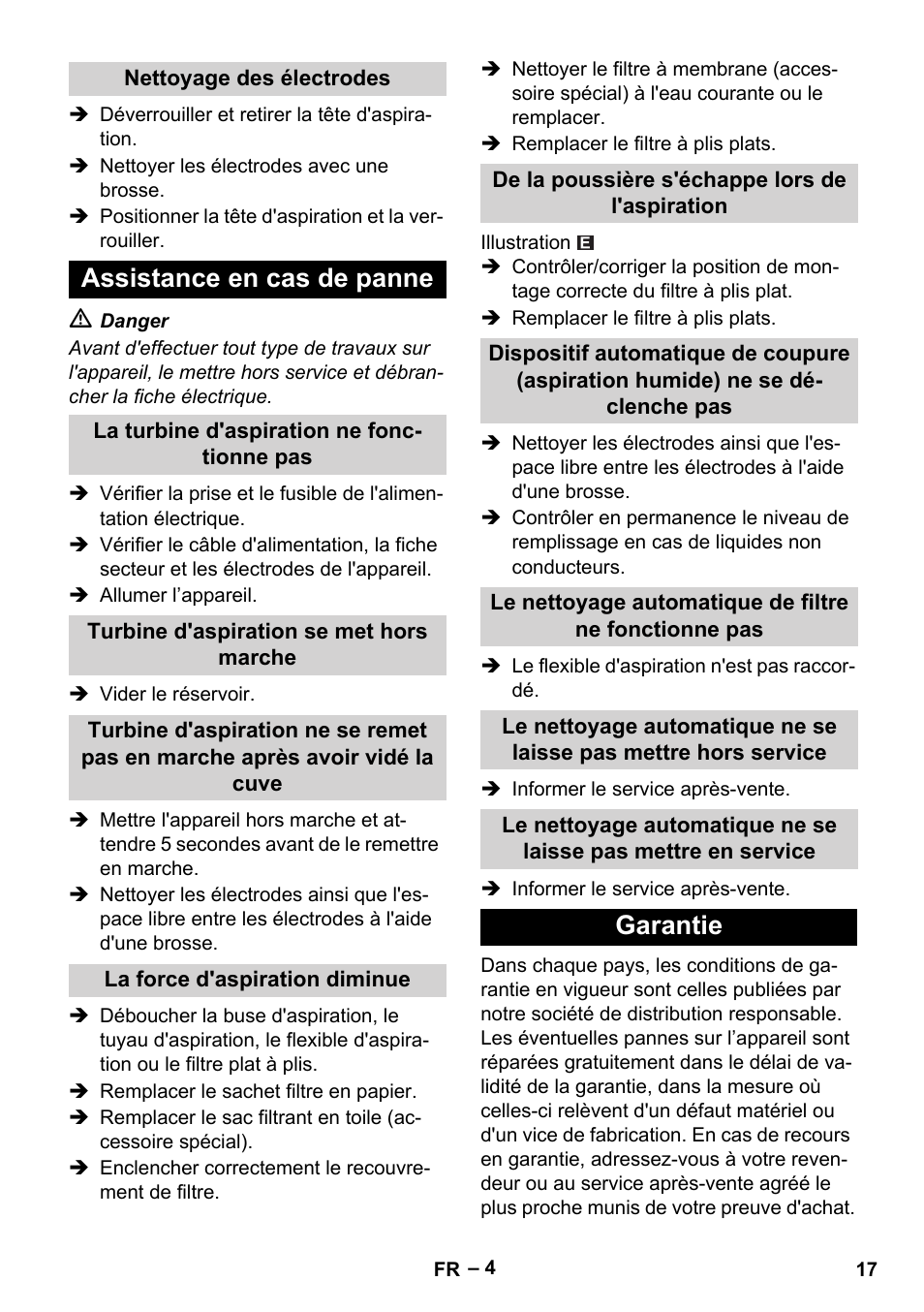 Nettoyage des électrodes, Assistance en cas de panne, La turbine d'aspiration ne fonctionne pas | Turbine d'aspiration se met hors marche, La force d'aspiration diminue, De la poussière s'échappe lors de l'aspiration, Garantie | Karcher NT 35-1 Eco User Manual | Page 17 / 32