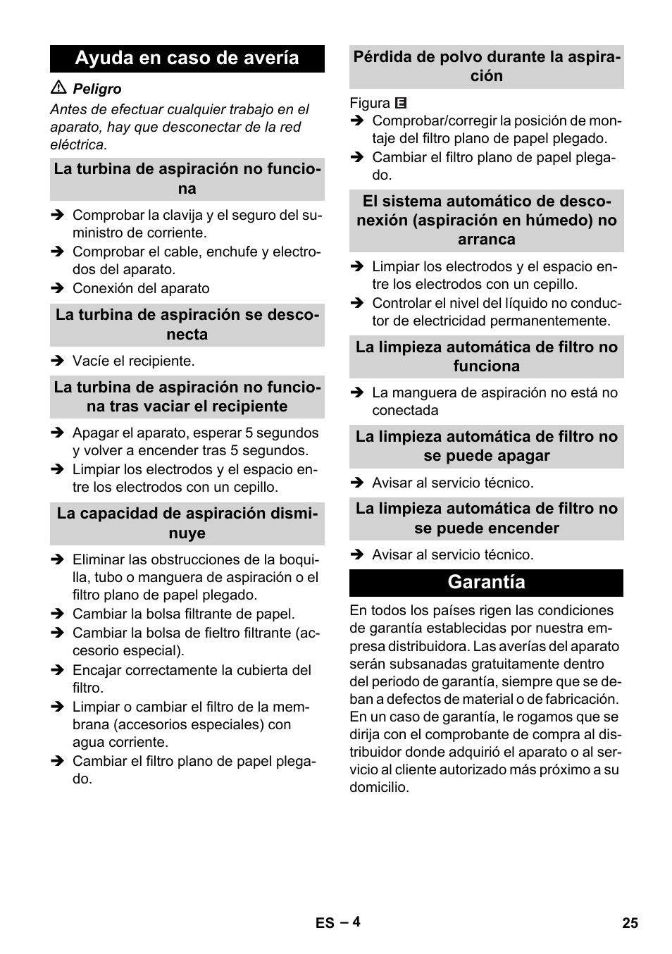 Ayuda en caso de avería, La turbina de aspiración no funciona, La turbina de aspiración se desconecta | La capacidad de aspiración disminuye, Pérdida de polvo durante la aspiración, La limpieza automática de filtro no funciona, Garantía | Karcher NT 35-1 Eco User Manual | Page 25 / 32