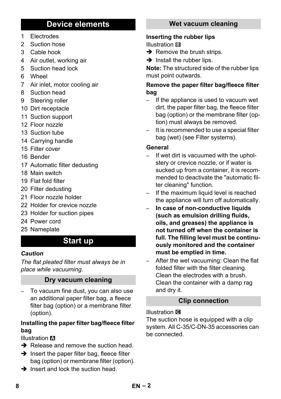 Device elements, Start up, Dry vacuum cleaning | Installing the paper filter bag/fleece filter bag, Wet vacuum cleaning, Inserting the rubber lips, Remove the paper filter bag/fleece filter bag, General, Clip connection, Device elements start up | Karcher NT 35-1 Eco User Manual | Page 8 / 32