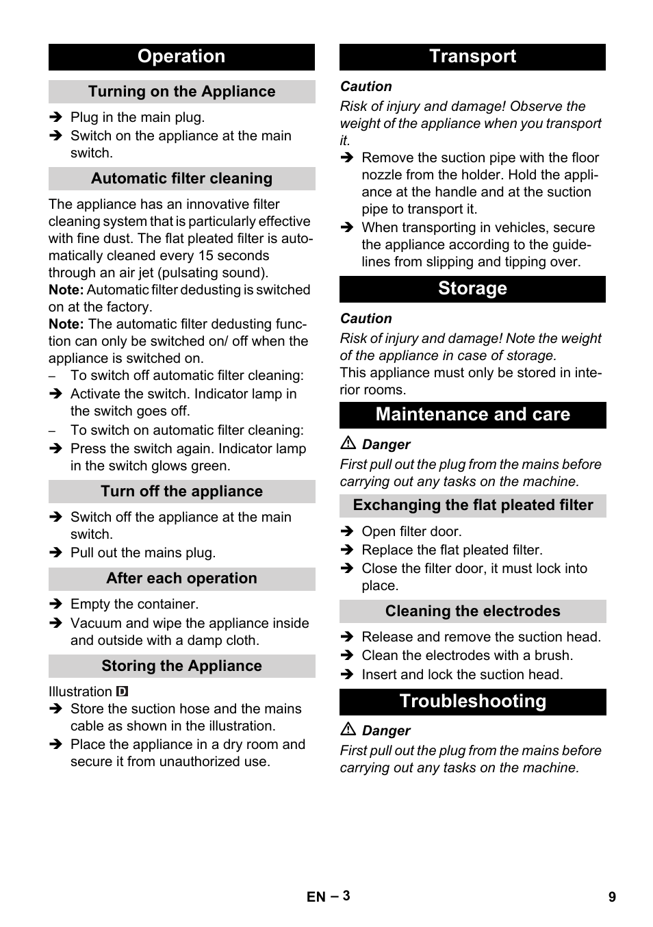 Operation, Turning on the appliance, Automatic filter cleaning | Turn off the appliance, After each operation, Storing the appliance, Transport, Storage, Maintenance and care, Exchanging the flat pleated filter | Karcher NT 35-1 Eco User Manual | Page 9 / 32