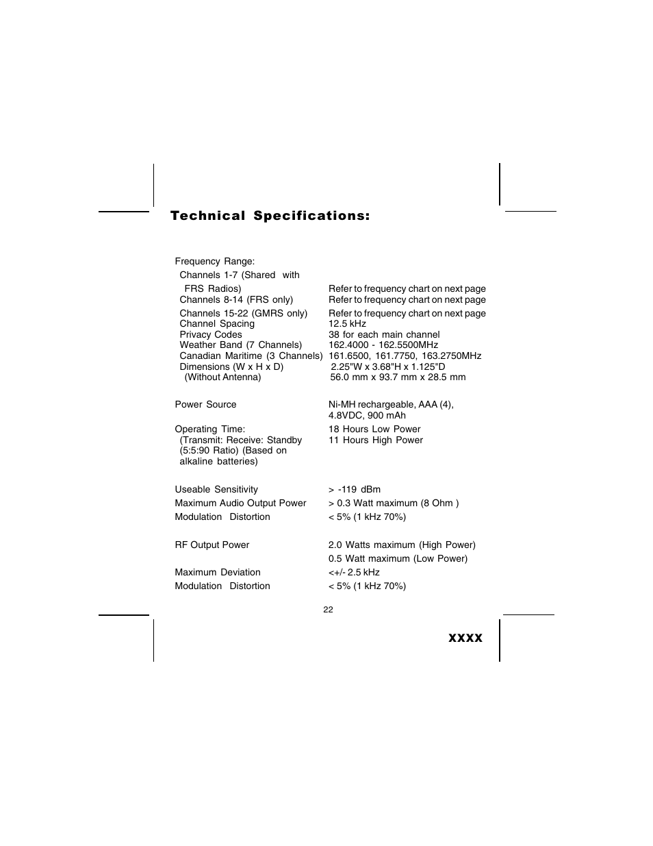 Technical specifications | Audiovox GMRS200 User Manual | Page 22 / 28