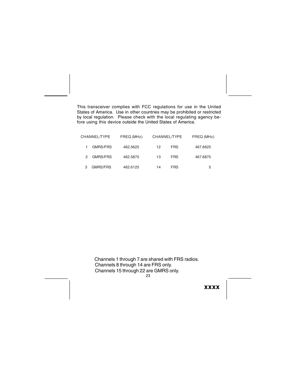 Main channel frequencies | Audiovox GMRS200 User Manual | Page 23 / 28