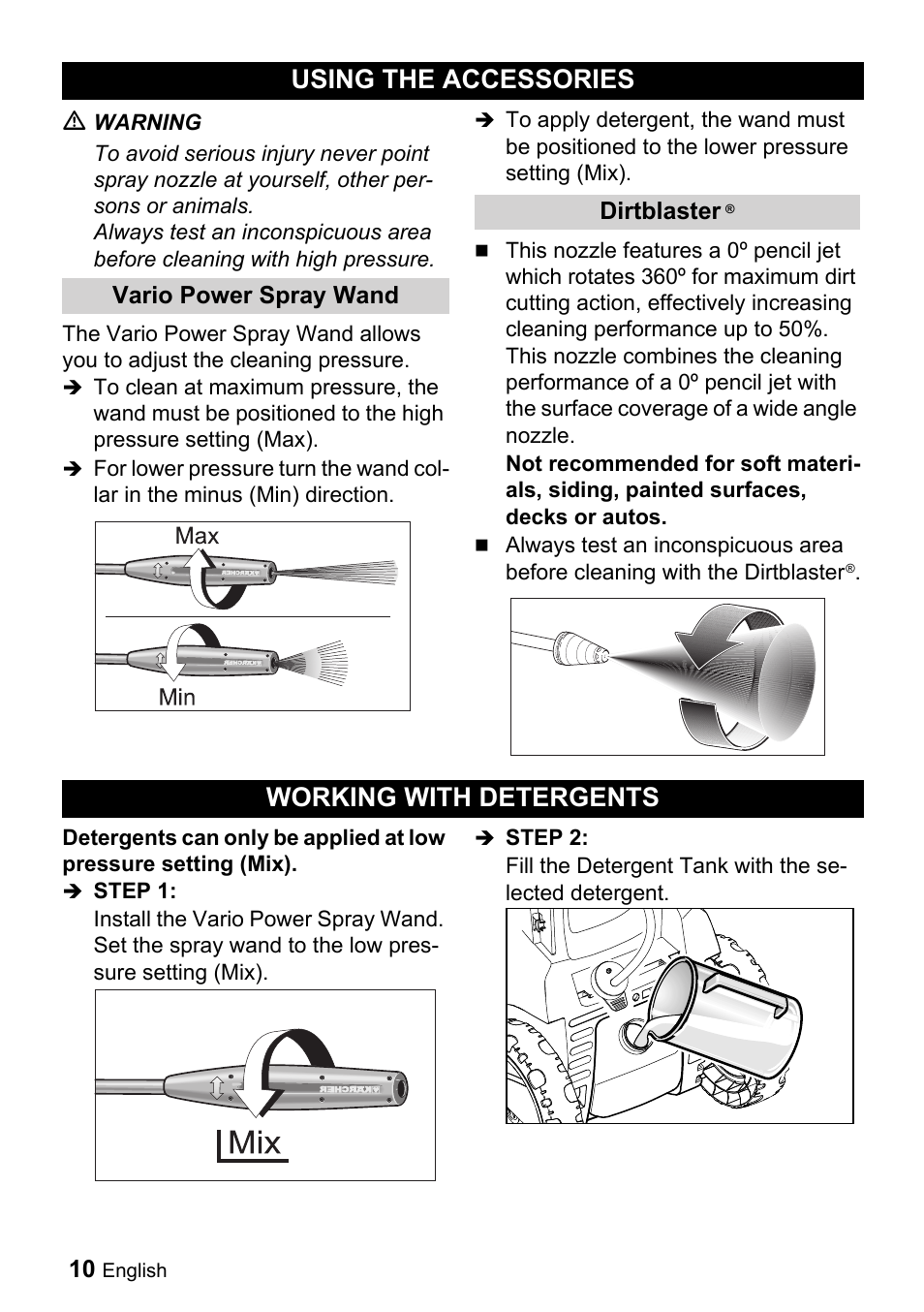 Using the accessories, Working with detergents | Karcher K 5-690 User Manual | Page 10 / 60