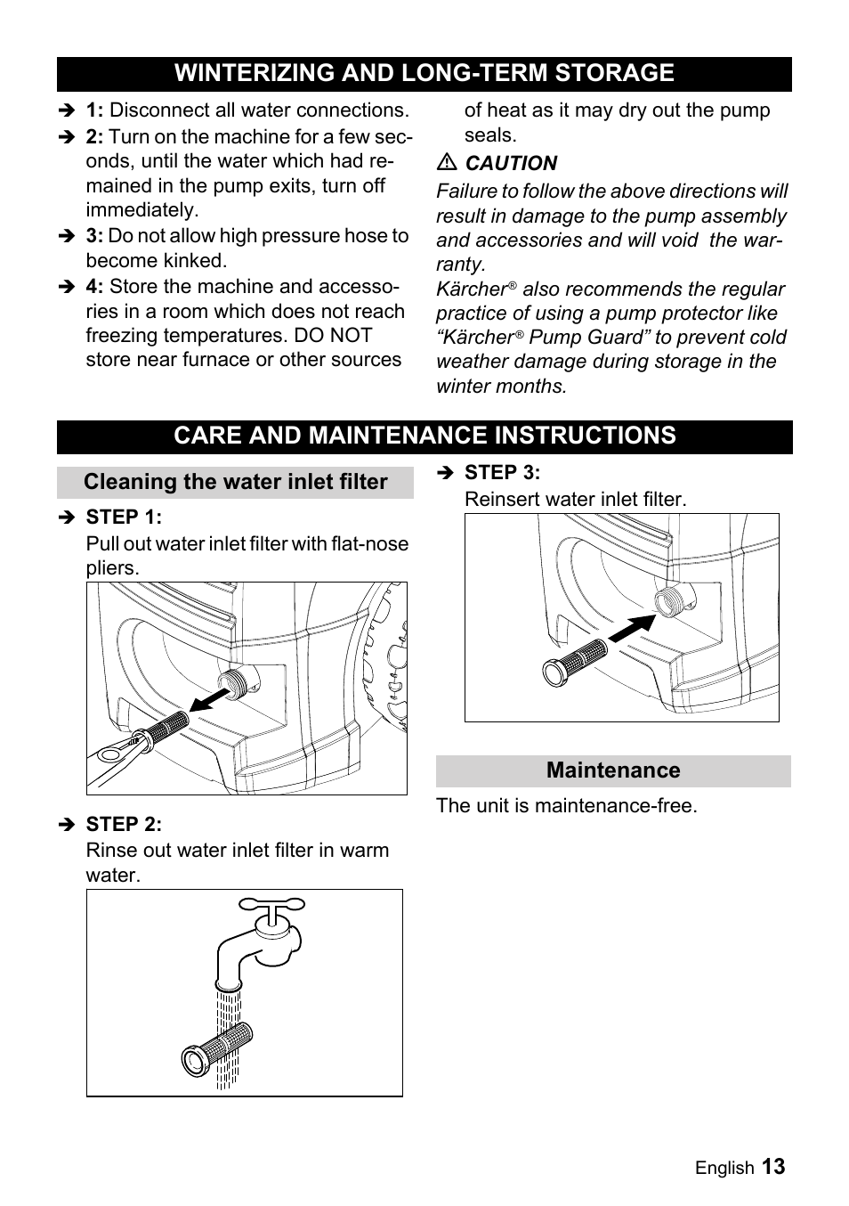 Winterizing and long-term, Storage, Care and maintenance in | Structions | Karcher K 5-690 User Manual | Page 13 / 60