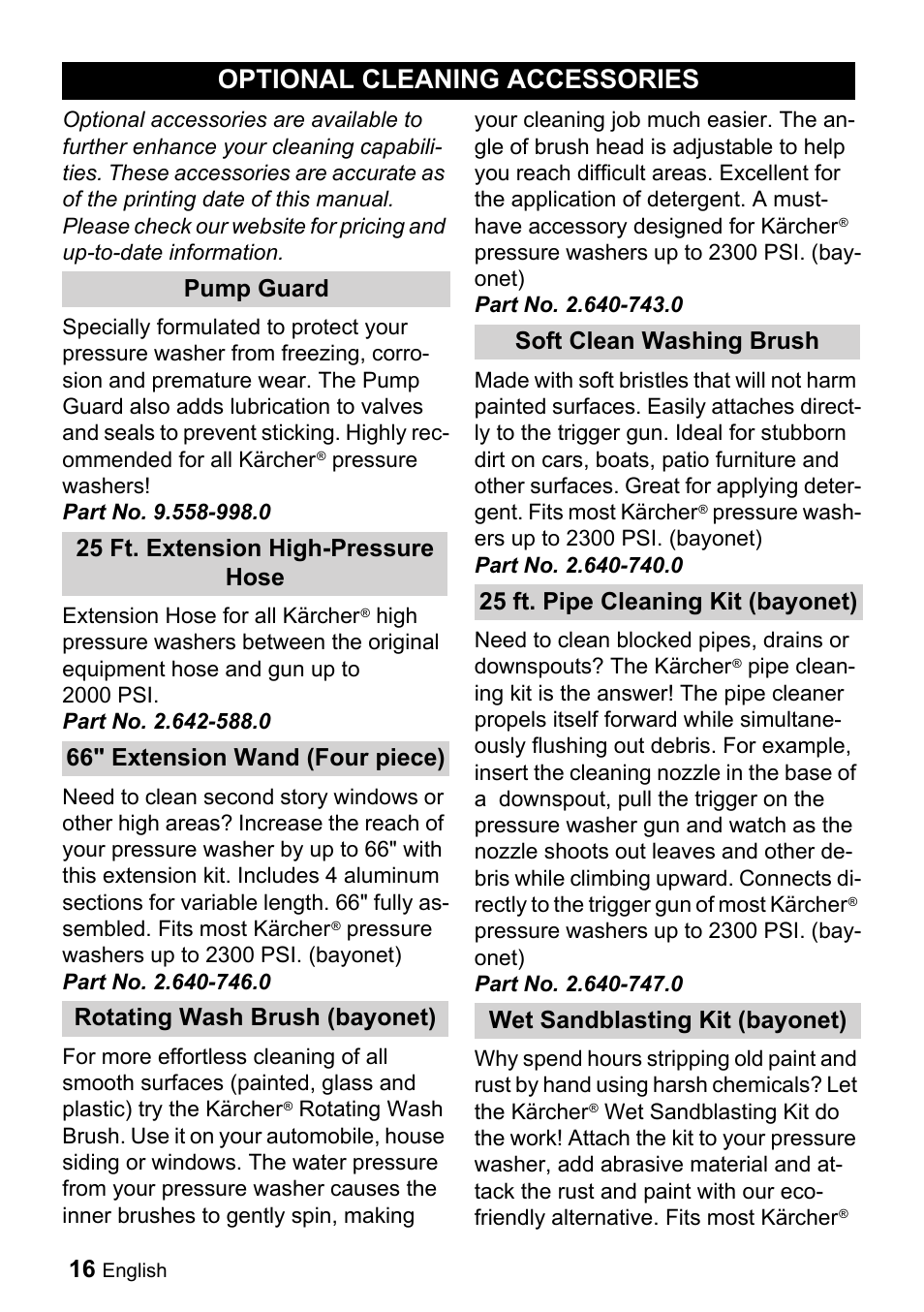 Optional cleaning accesso, Ries, Optional cleaning accessories | Karcher K 5-690 User Manual | Page 16 / 60