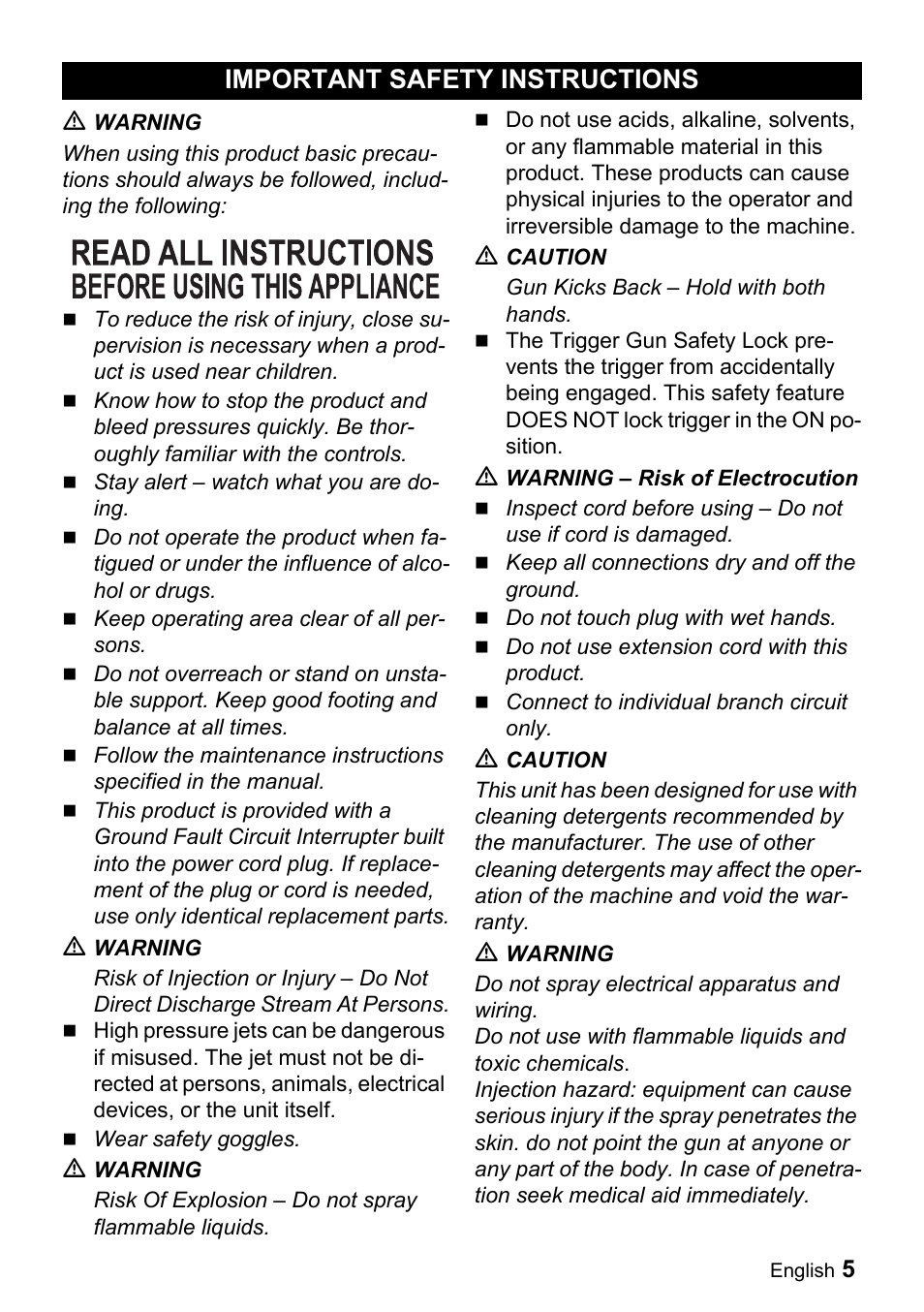 Important safety instruc, Tions, Important safety instructions | Karcher K 5-690 User Manual | Page 5 / 60