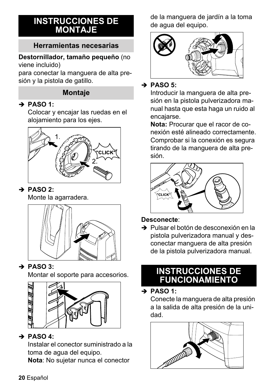 Instrucciones de montaje, Instrucciones de funcionamiento | Karcher K 2-350 User Manual | Page 20 / 48