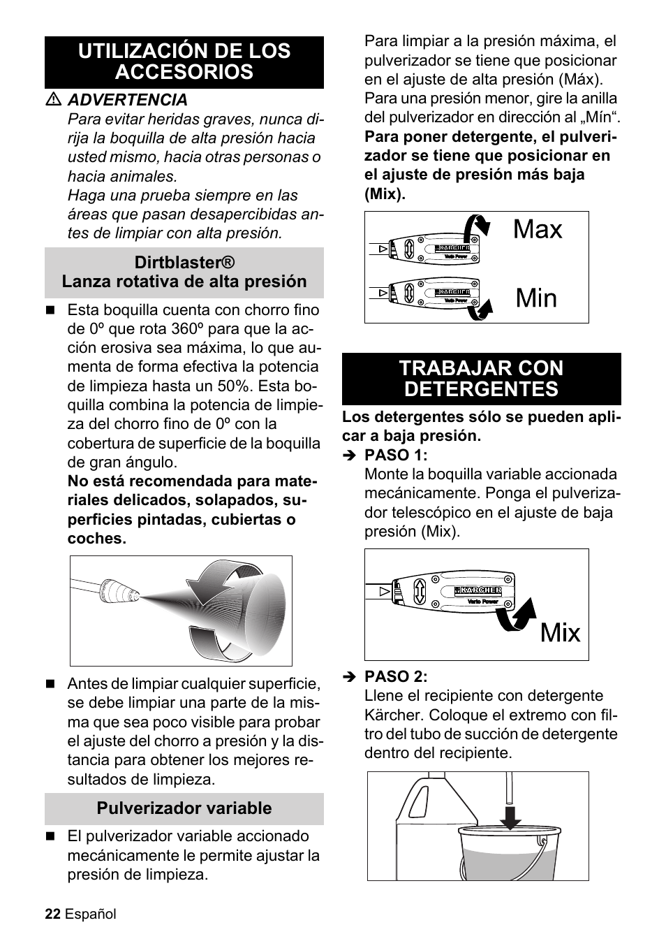 Utilización de los accesorios, Trabajar con detergentes | Karcher K 2-350 User Manual | Page 22 / 48