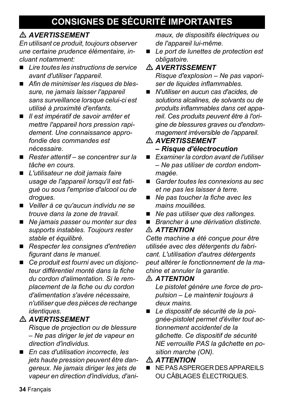 Consignes de sécurité importantes | Karcher K 2-350 User Manual | Page 34 / 48