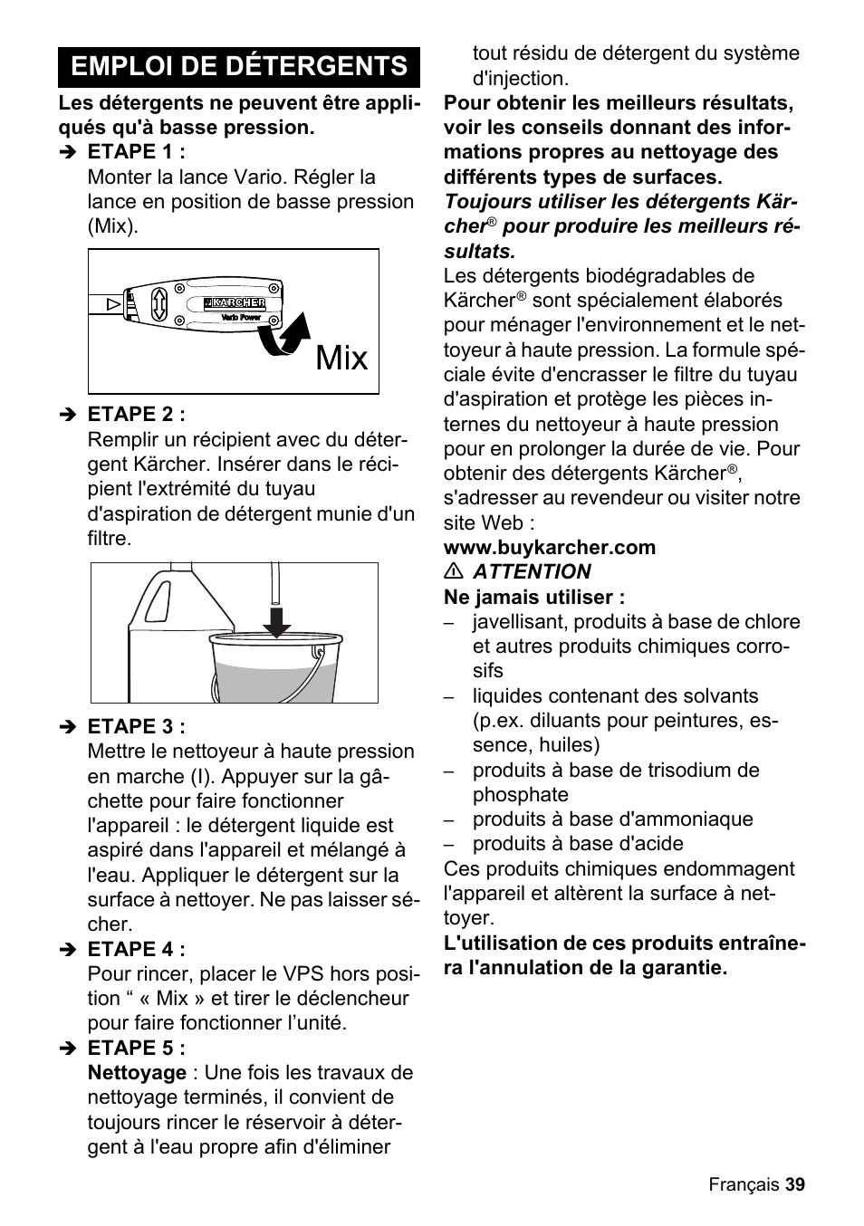 Emploi de détergents | Karcher K 2-350 User Manual | Page 39 / 48