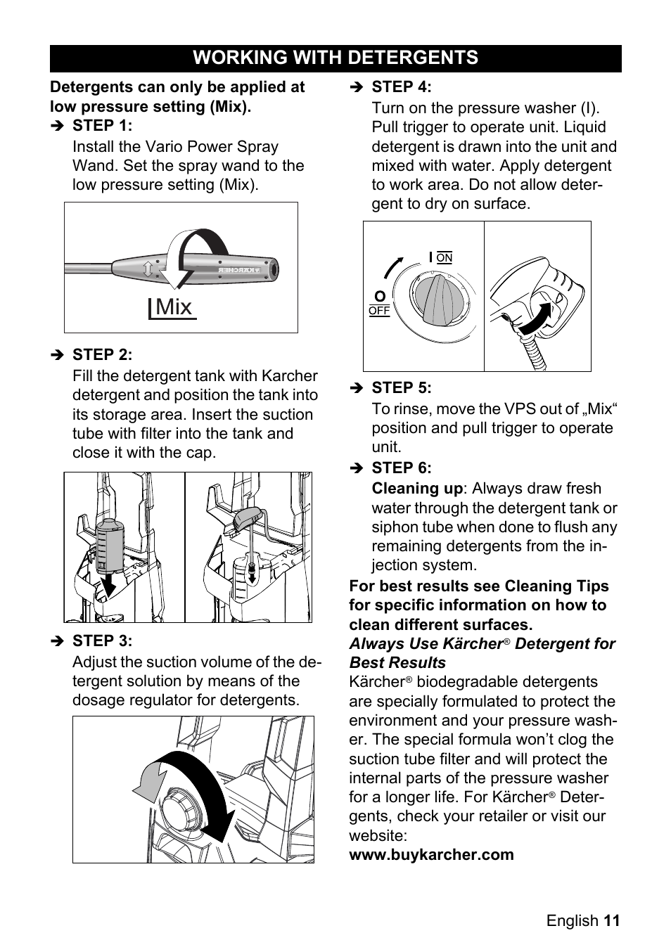 Working with detergents | Karcher K 3-540 User Manual | Page 11 / 64