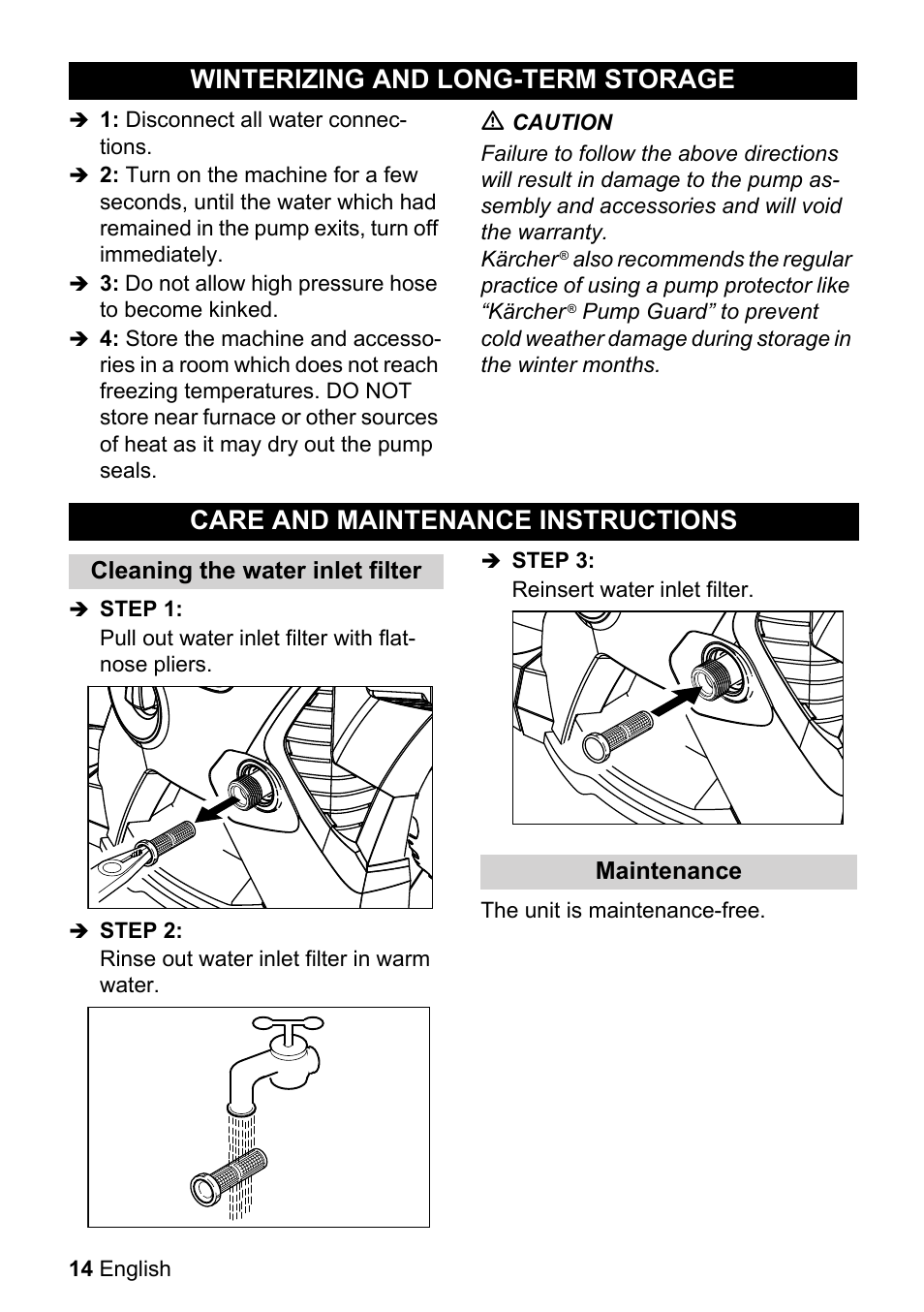 Winterizing and long-term, Storage, Care and maintenance in | Structions | Karcher K 3-540 User Manual | Page 14 / 64