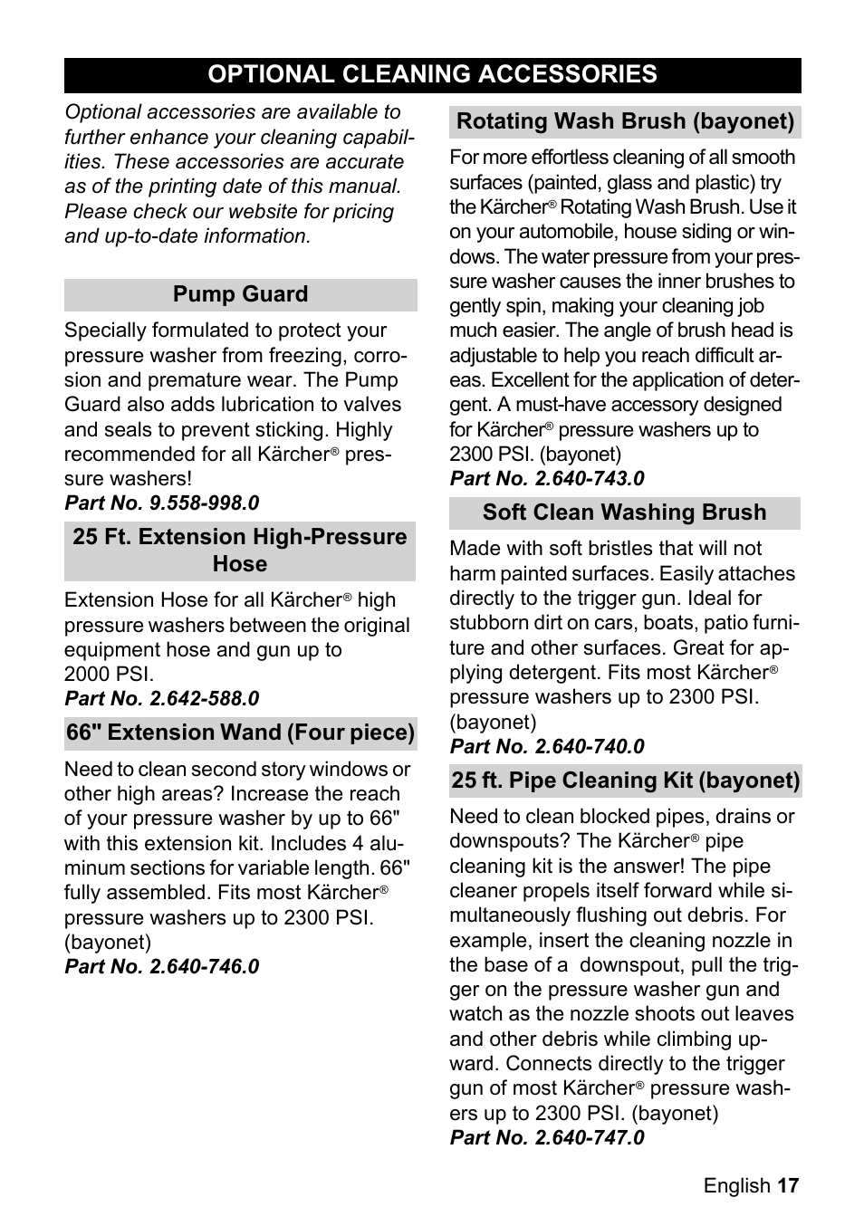 Optional cleaning accesso, Ries, Optional cleaning accessories | Karcher K 3-540 User Manual | Page 17 / 64