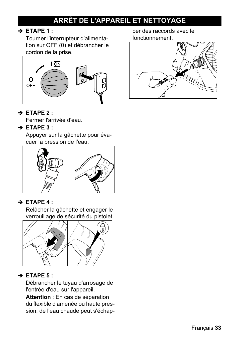 Arrêt de l'appareil et net, Toyage, Arrêt de l'appareil et nettoyage | Karcher K 3-540 User Manual | Page 33 / 64