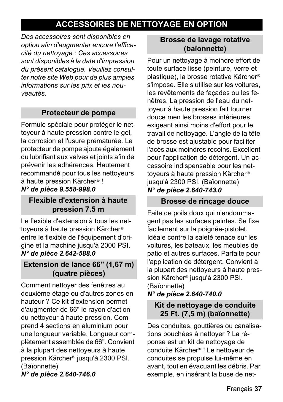 Accessoires de nettoyage, En option, Accessoires de nettoyage en option | Karcher K 3-540 User Manual | Page 37 / 64